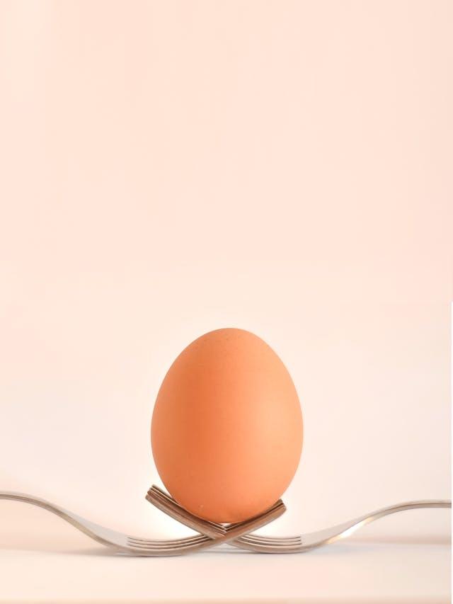 Oeuf posé sur deux fourchettes argentées entrecroisées sur fond rose pâle