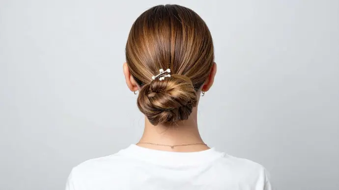 Jeune femme de dos avec cheveux châtains brillants attachés en chignon
