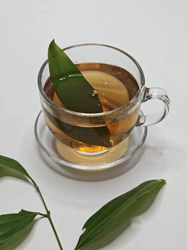 Tasse transparente avec tisane et feuille de réglisse dans la tasse et à côté